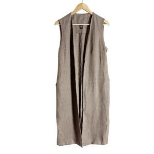 Eleventy Brown Linen Sleeveless Open Front Long Duster Trench Vest Size 10